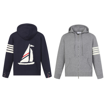 [Thom Browne] 톰브라운 메리노 저지 세일 보트 인트라시아 사선 집업 후드