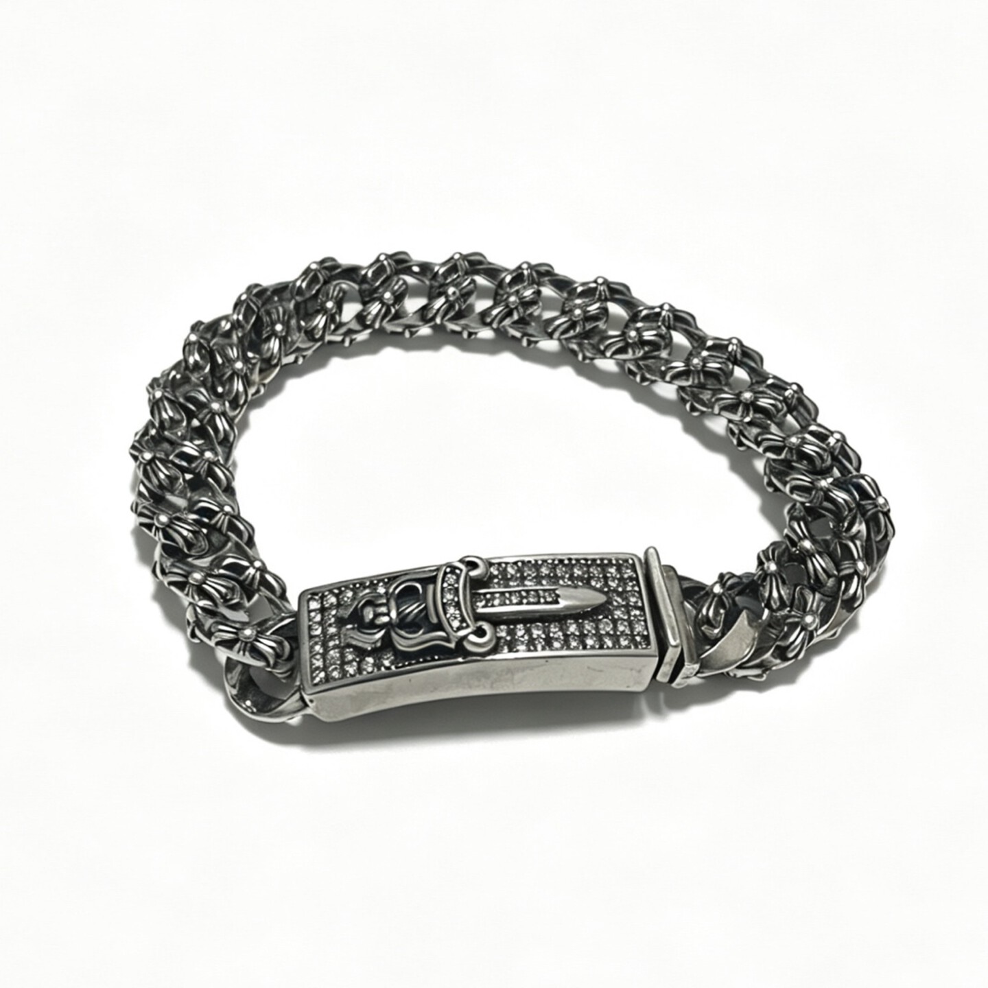 [Chrome Hearts] 크롬하츠 실버 클래식 크로스 모이사나이트 브레이슬릿